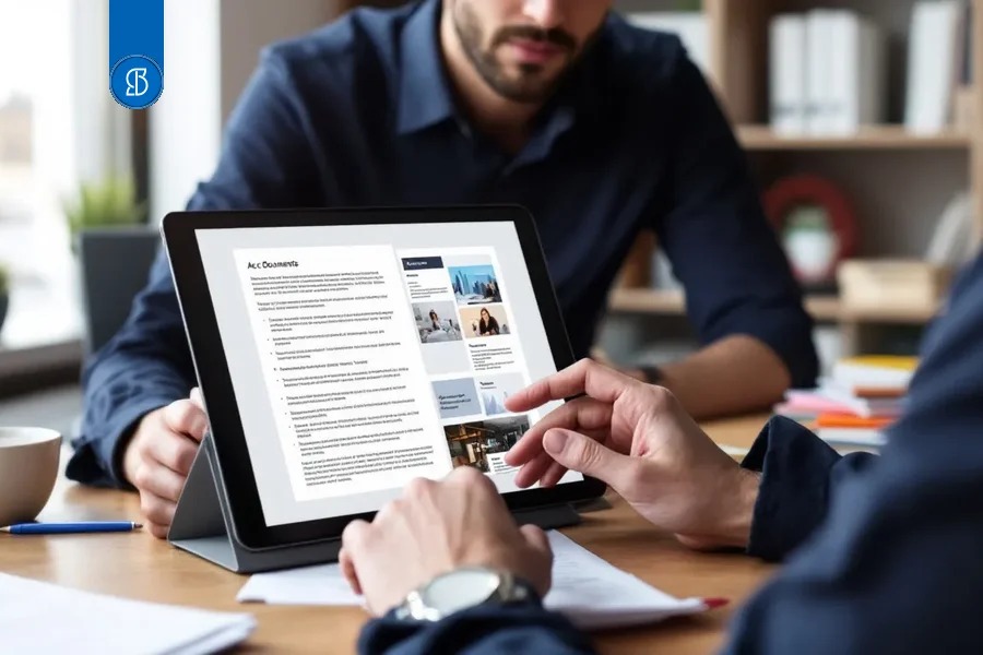 Duas pessoas à mesa consultando um documento num tablet apoiado em suporte
