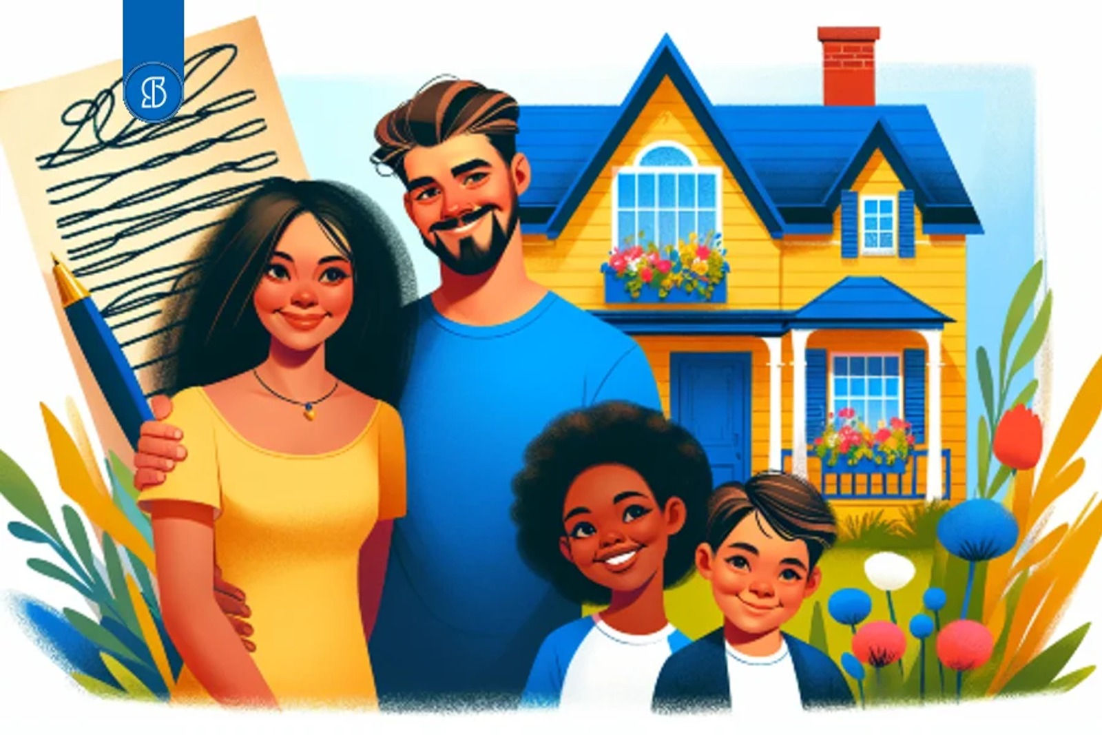 Ilustração de uma família de quatro pessoas sorrindo diante de uma casa amarela, segurando um documento