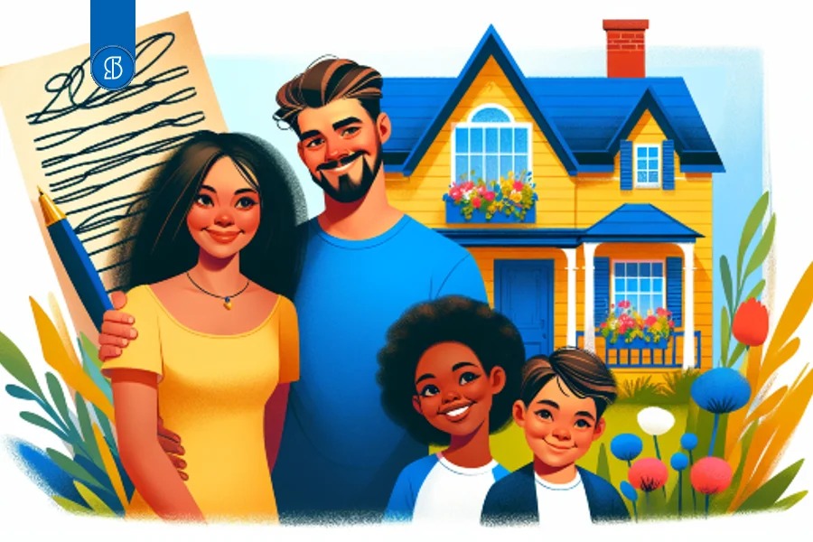 Ilustração de uma família de quatro pessoas sorrindo diante de uma casa amarela, segurando um documento