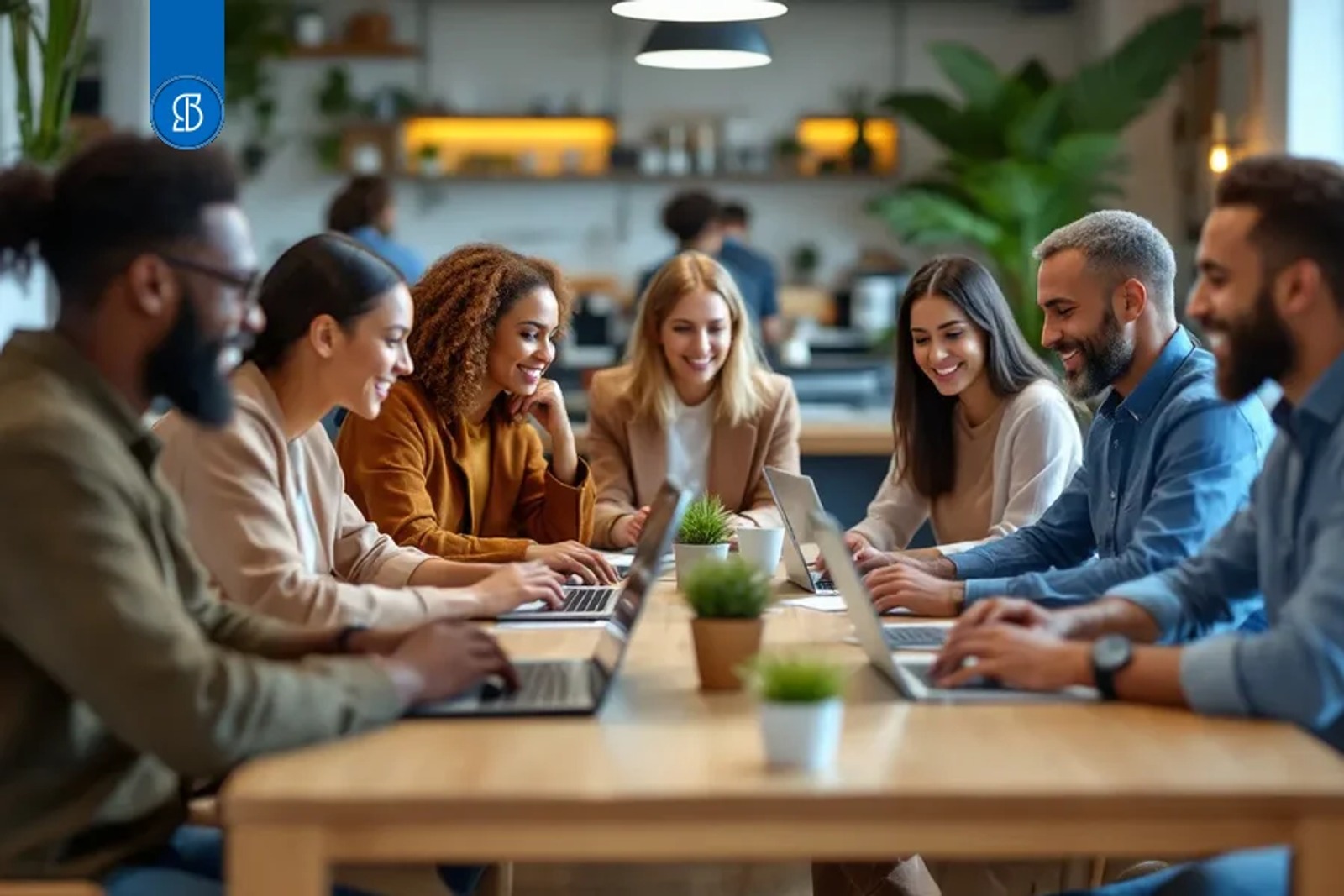 Sete pessoas sorrindo em volta de uma mesa comprida de madeira, com notebooks abertos, num café iluminado