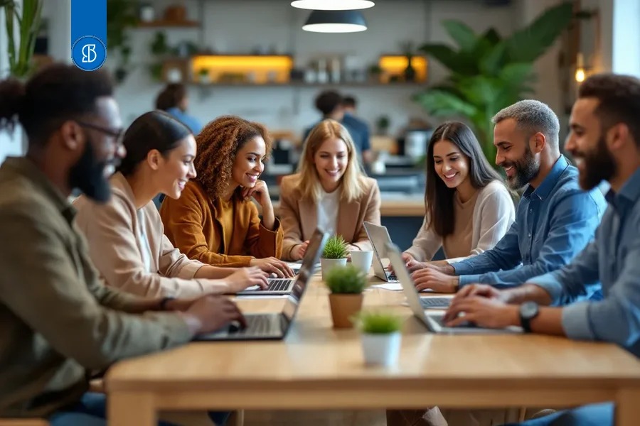 Sete pessoas sorrindo em volta de uma mesa comprida de madeira, com notebooks abertos, num café iluminado