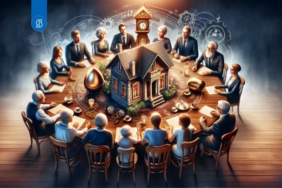 Ilustração de família reunida em volta de mesa redonda com a maquete de uma casa ao centro