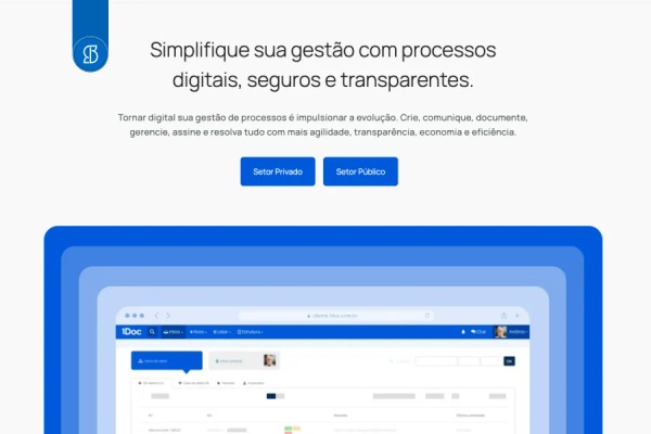 Página da plataforma 1Doc com a chamada sobre gestão digital e a tela do sistema abaixo