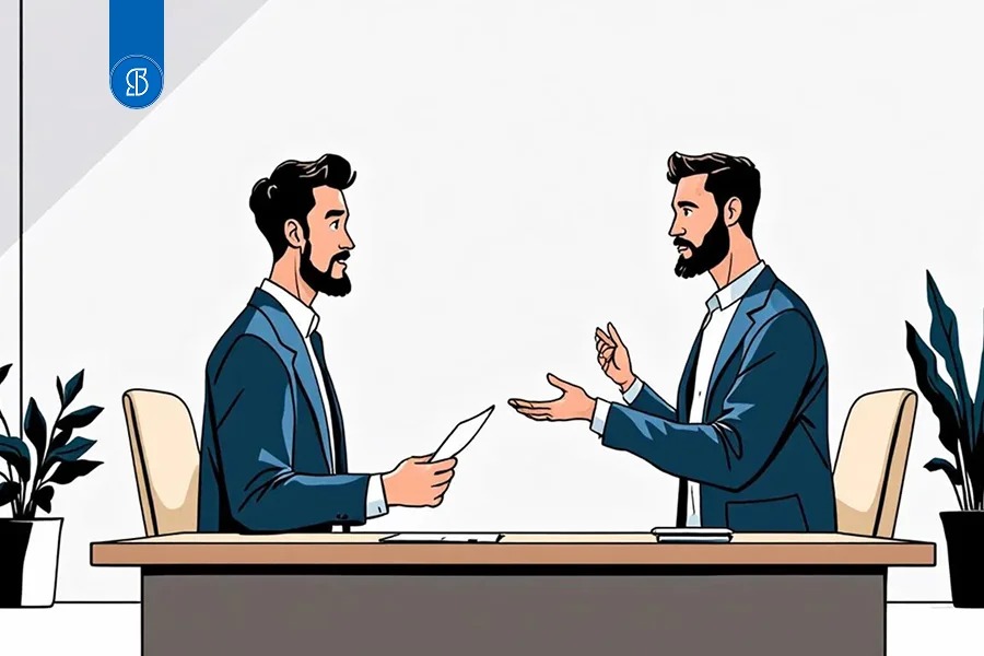 Ilustração de dois homens de terno entregando um documento sobre uma mesa