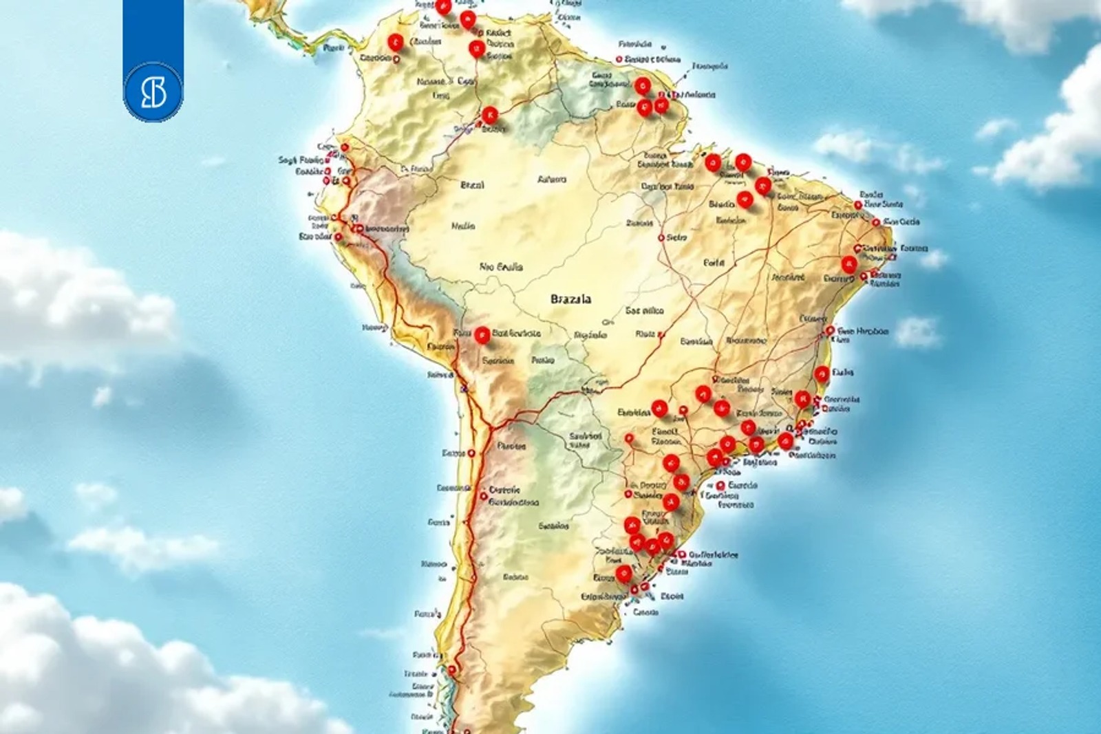 Mapa ilustrado da América do Sul com dezenas de marcadores vermelhos concentrados na costa leste