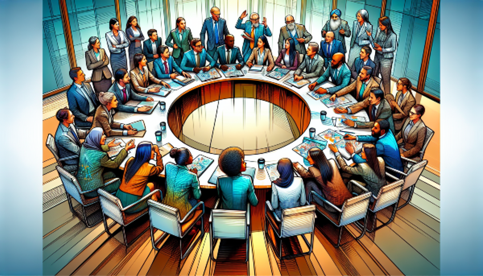 Ilustração de um grupo diversificado de pessoas discutindo sobre o Serasa.