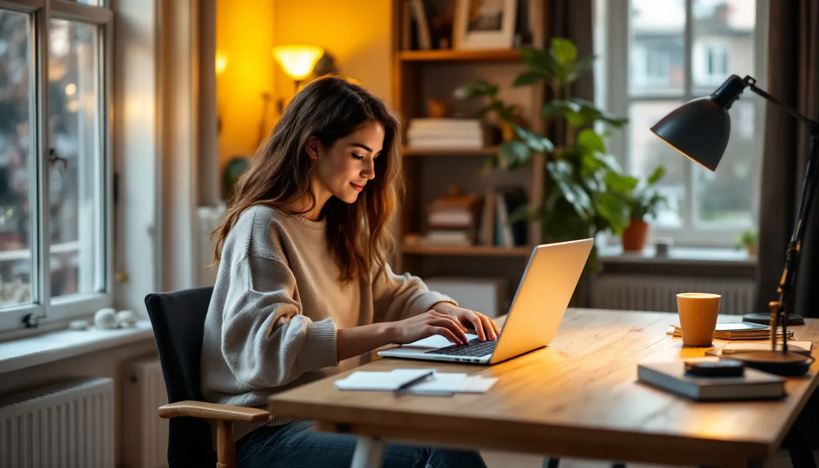 Uma pessoa está trabalhando confortavelmente em um home office, utilizando um laptop. O ambiente é bem iluminado e organizado, proporcionando um espaço ideal para a produtividade, que pode ser uma solução prática para quem busca um endereço fiscal ou um escritório virtual.