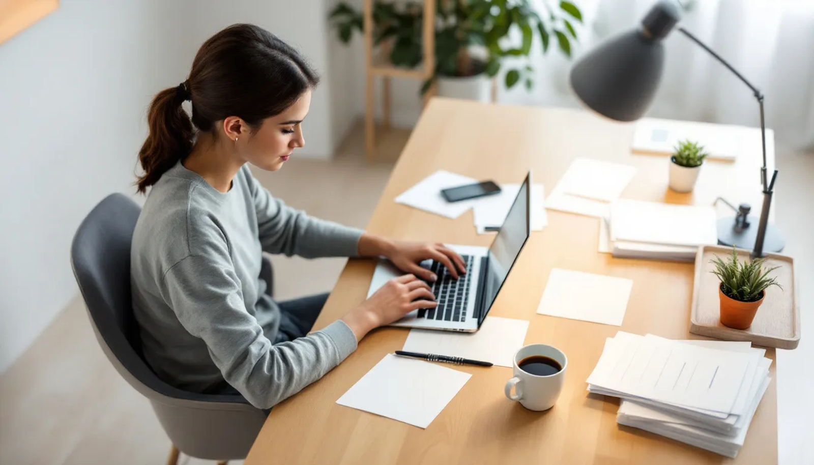 Uma pessoa está trabalhando em casa, sentada à mesa com um laptop e documentos espalhados, criando um ambiente de escritório virtual. A cena retrata a rotina de um profissional que utiliza a tecnologia para gerenciar suas atividades e correspondências de forma eficiente.