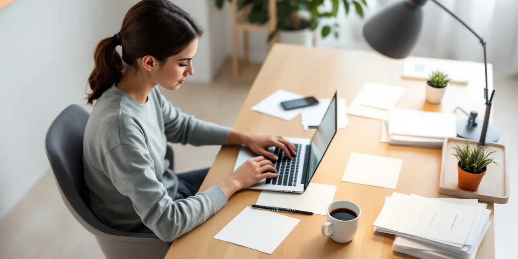 Uma pessoa está trabalhando em casa, sentada à mesa com um laptop e documentos espalhados, criando um ambiente de escritório virtual. A cena retrata a rotina de um profissional que utiliza a tecnologia para gerenciar suas atividades e correspondências de forma eficiente.