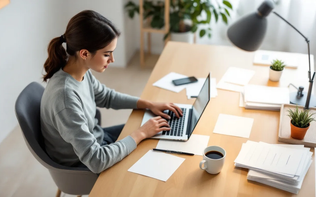 Uma pessoa está trabalhando em casa, sentada à mesa com um laptop e documentos espalhados, criando um ambiente de escritório virtual. A cena retrata a rotina de um profissional que utiliza a tecnologia para gerenciar suas atividades e correspondências de forma eficiente.