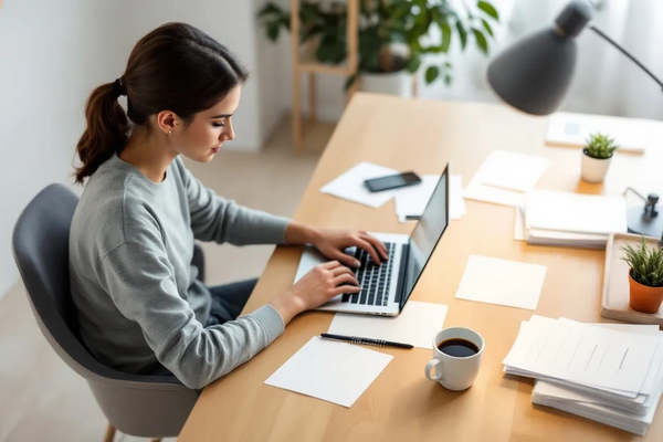 Uma pessoa está trabalhando em casa, sentada à mesa com um laptop e documentos espalhados, criando um ambiente de escritório virtual. A cena retrata a rotina de um profissional que utiliza a tecnologia para gerenciar suas atividades e correspondências de forma eficiente.