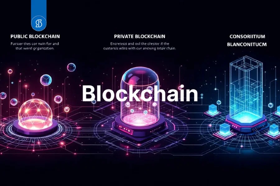 Três estruturas luminosas representando redes blockchain pública, privada e de consórcio