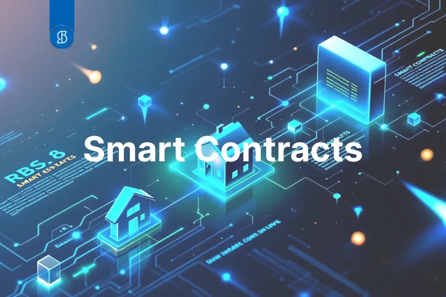 Arte com as palavras Smart Contracts sobre casas em perspectiva isométrica ligadas por circuitos luminosos