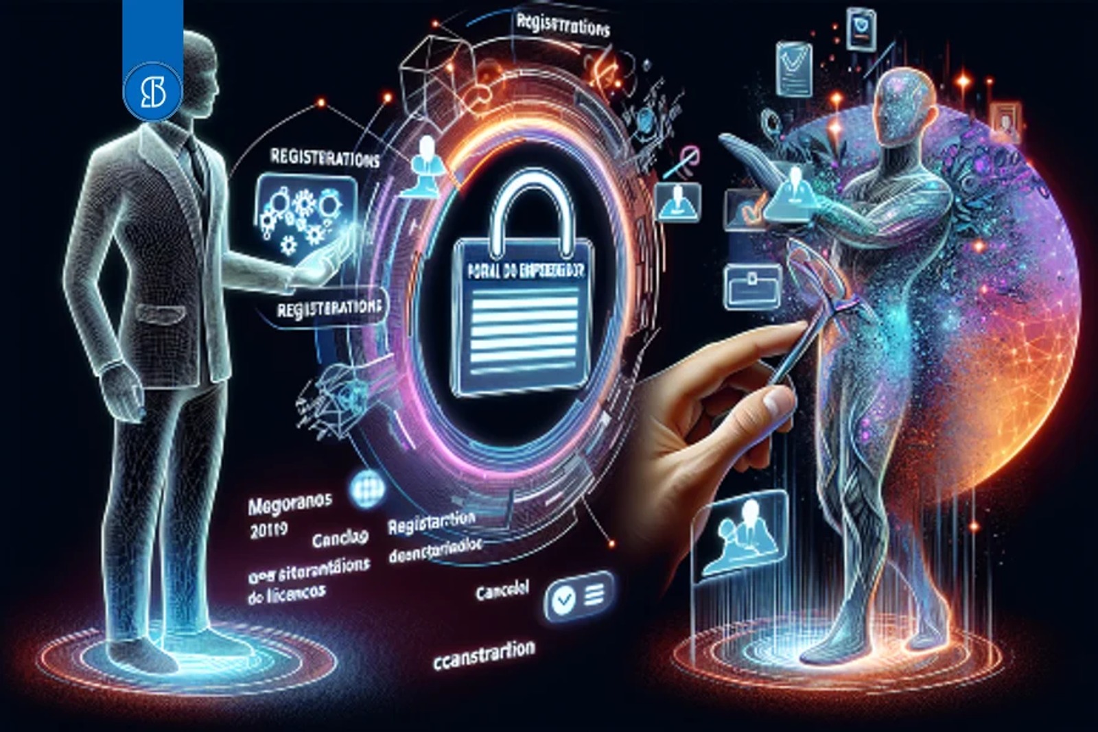 Ilustração futurista de duas figuras translúcidas diante de um cadeado luminoso sobre um documento
