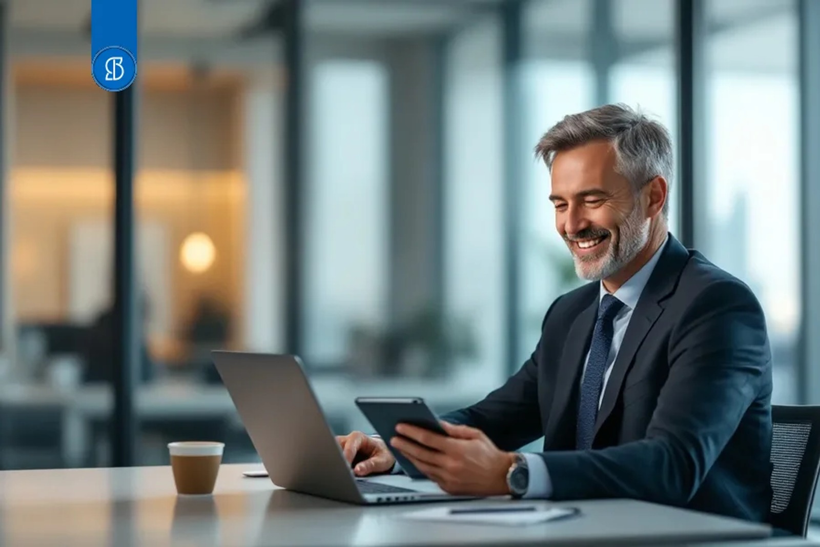 Homem de terno sorrindo diante de um notebook, segurando um tablet, em escritório envidraçado
