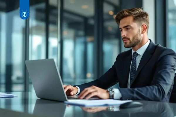 Homem de terno trabalhando em um notebook em sala de reunião envidraçada
