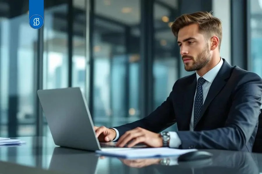 Homem de terno trabalhando em um notebook em sala de reunião envidraçada