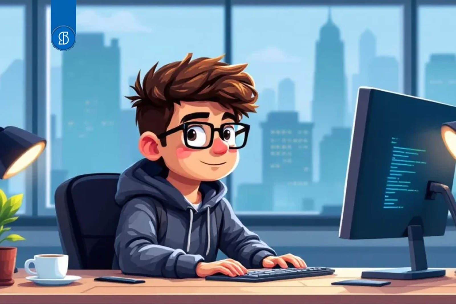 Ilustração em desenho de um programador de óculos e moletom digitando diante de um monitor com código, com a cidade pela janela