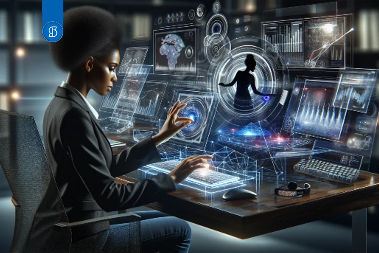 Ilustração de uma mulher de terno diante de telas holográficas com gráficos e painéis luminosos