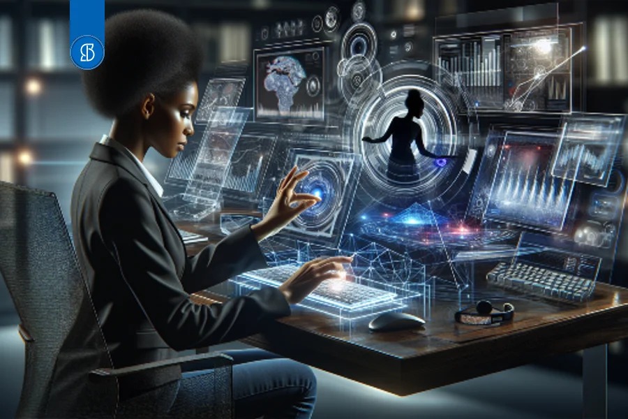 Ilustração de uma mulher de terno diante de telas holográficas com gráficos e painéis luminosos