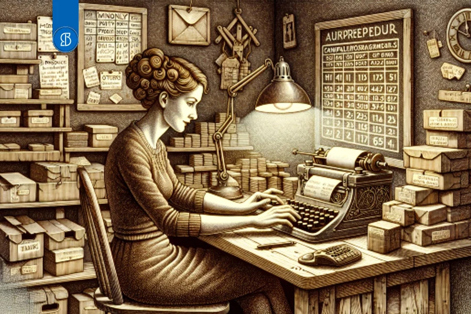 Ilustração em tons sépia de uma mulher datilografando em máquina de escrever, entre caixas de arquivo e um quadro de tabelas