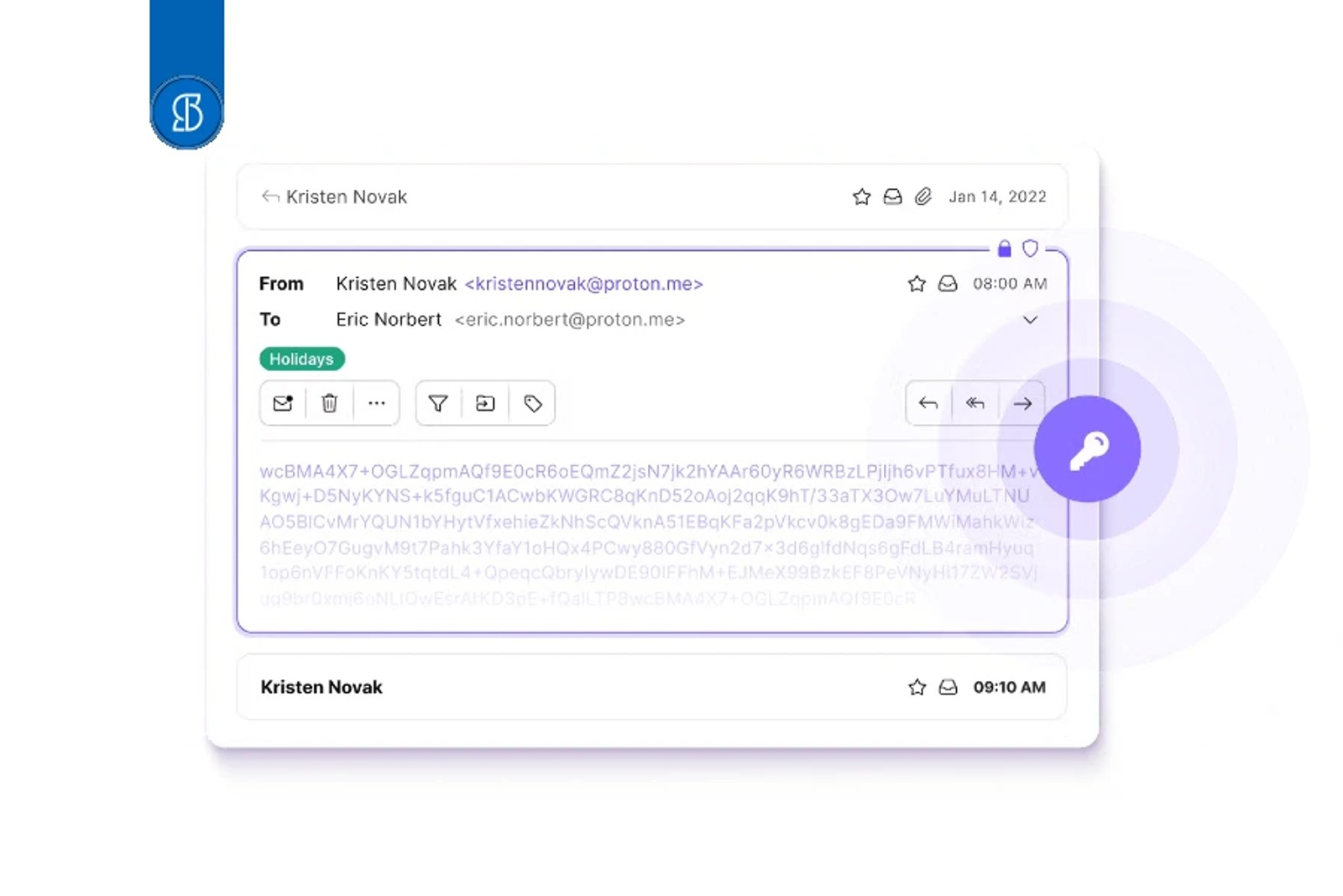 Tela de leitura de e-mail com o corpo da mensagem exibido como texto cifrado ilegível e um ícone de chave ao lado