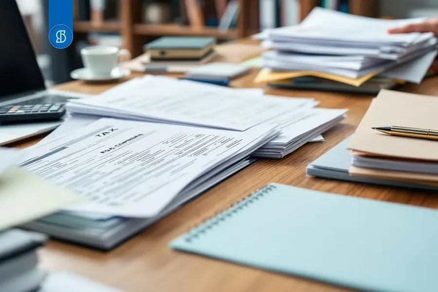 Escrivaninha com formulários fiscais, pastas, calculadora e uma pessoa recolhendo papéis ao fundo