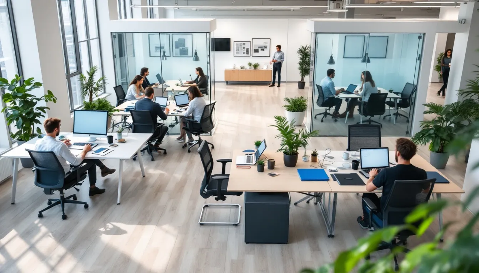 A imagem mostra um ambiente de trabalho moderno, com estações de trabalho organizadas e salas de reunião ao fundo, ideal para empresas que buscam um endereço fiscal e comercial profissional em São Paulo. O espaço reflete a praticidade e a economia de um escritório virtual, proporcionando um ambiente colaborativo para negócios.