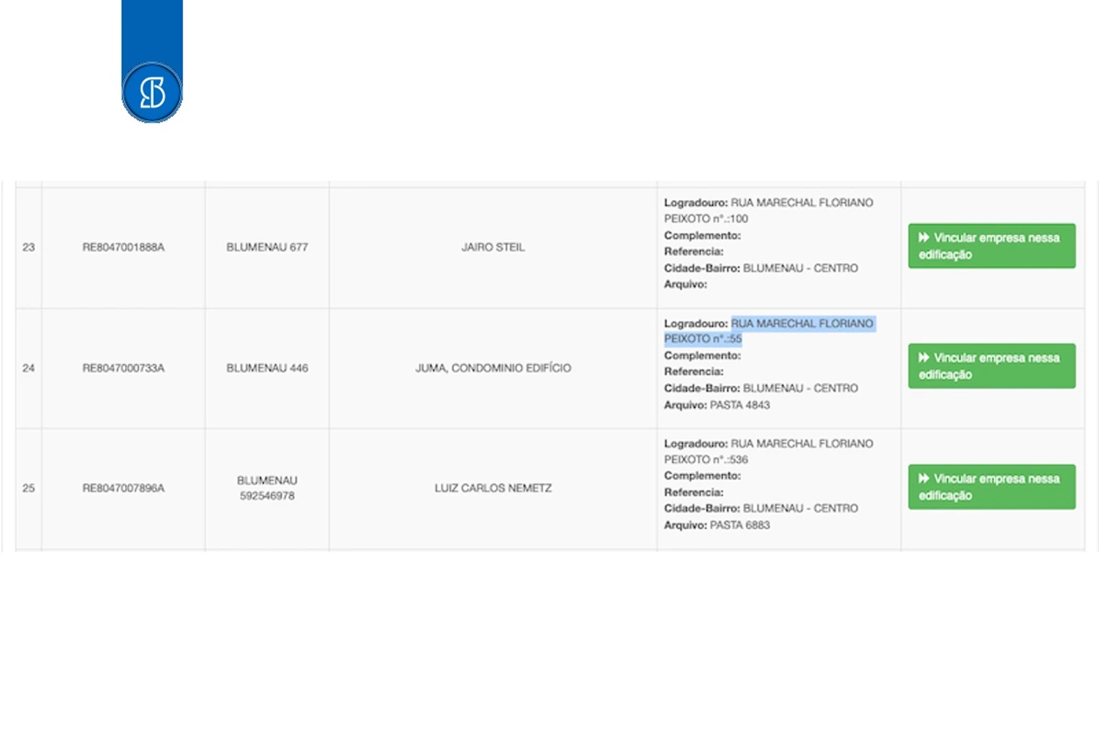 Lista de registros de endereço do e-SCI, com o botão verde Vincular empresa nessa edificação em cada linha