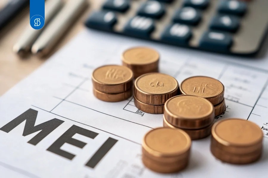 Pilhas de moedas sobre um formulário com a sigla MEI, ao lado de uma calculadora