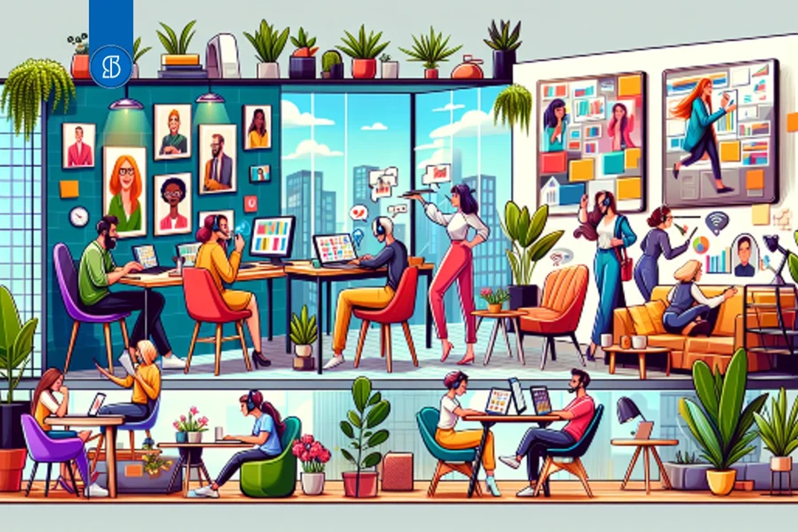 Ilustração de um espaço de trabalho compartilhado com profissionais em mesas, sofás e chamadas de vídeo