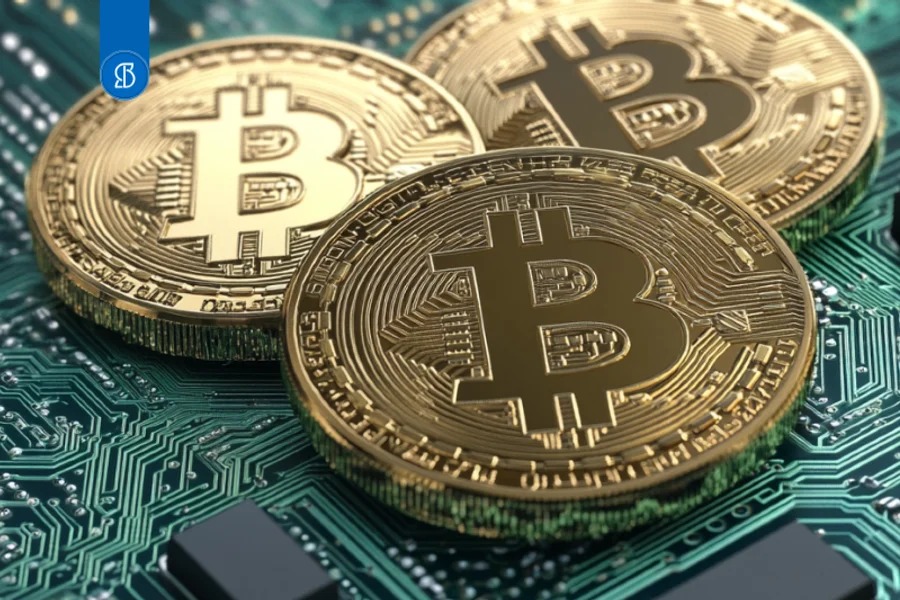 Três moedas douradas com o símbolo do bitcoin sobre uma placa de circuito verde