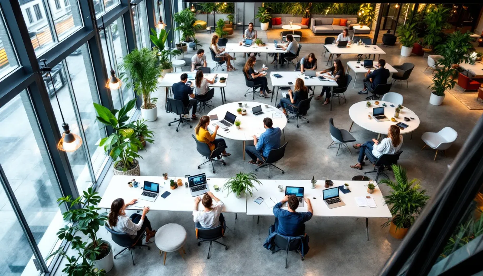 Imagem aérea de um espaço de coworking em São Paulo, onde várias pessoas estão colaborando em diferentes estações de trabalho, refletindo a dinâmica do escritório virtual e a interação entre profissionais. O ambiente é moderno e bem iluminado, ideal para empresários que buscam produtividade e flexibilidade no trabalho.