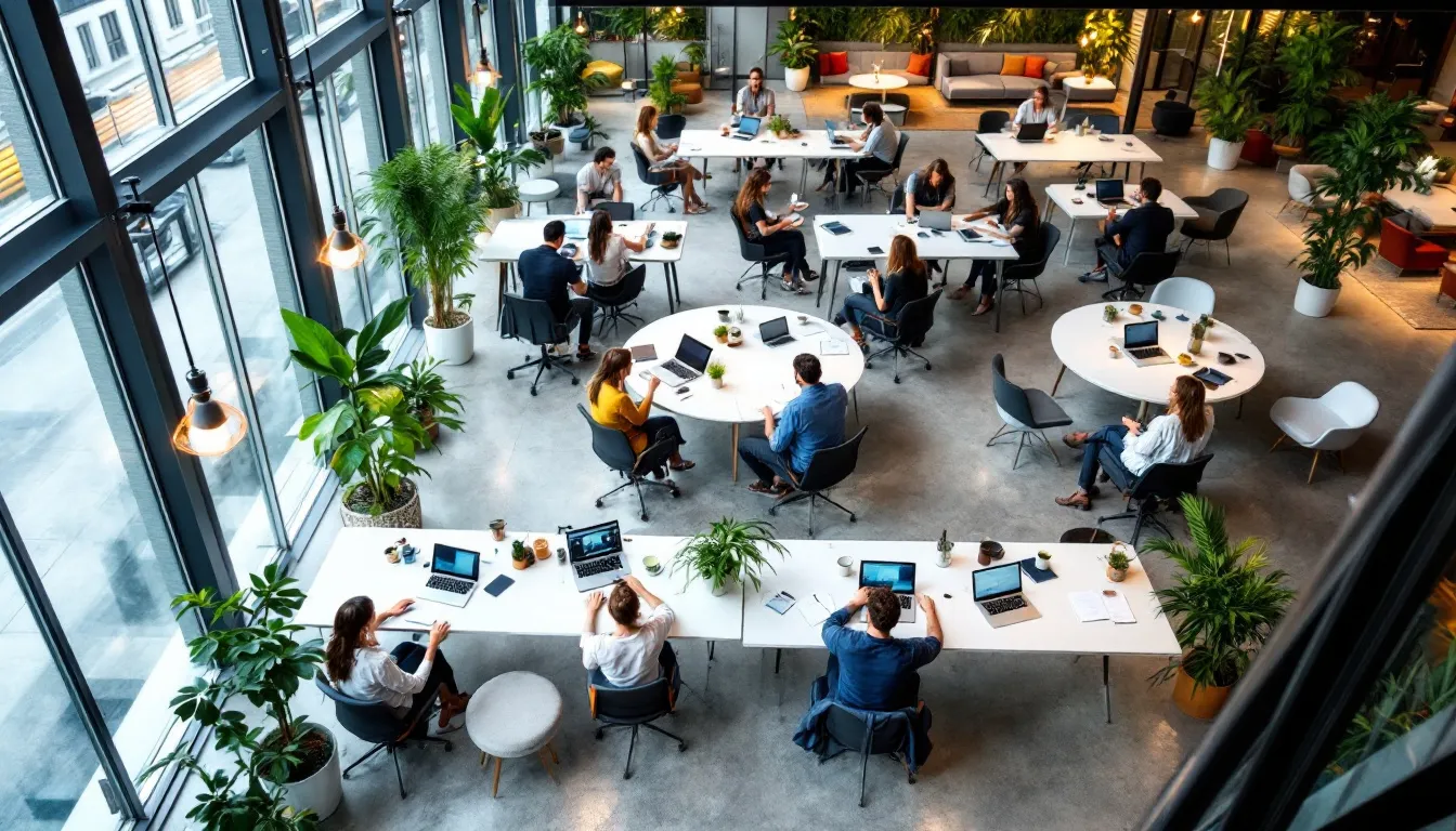 Imagem aérea de um espaço de coworking em São Paulo, onde várias pessoas estão colaborando em diferentes estações de trabalho, refletindo a dinâmica do escritório virtual e a interação entre profissionais. O ambiente é moderno e bem iluminado, ideal para empresários que buscam produtividade e flexibilidade no trabalho.