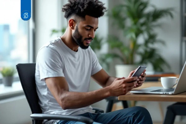 Homem jovem de camiseta branca usando o celular ao lado de um notebook, junto à janela