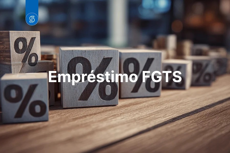 Cubos de madeira com símbolos de porcentagem enfileirados, com a inscrição Empréstimo FGTS