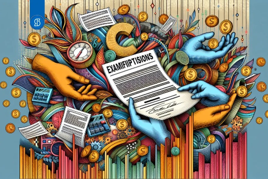 Ilustração de duas mãos estendidas segurando um documento assinado, entre folhagens e moedas