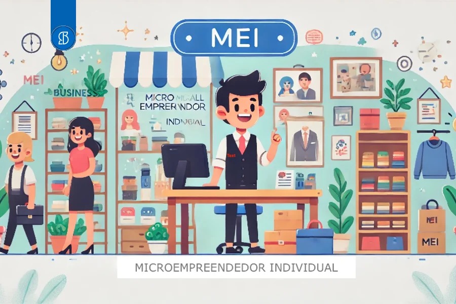 Ilustração de comerciante atrás do balcão de uma loja, sob uma placa escrita MEI