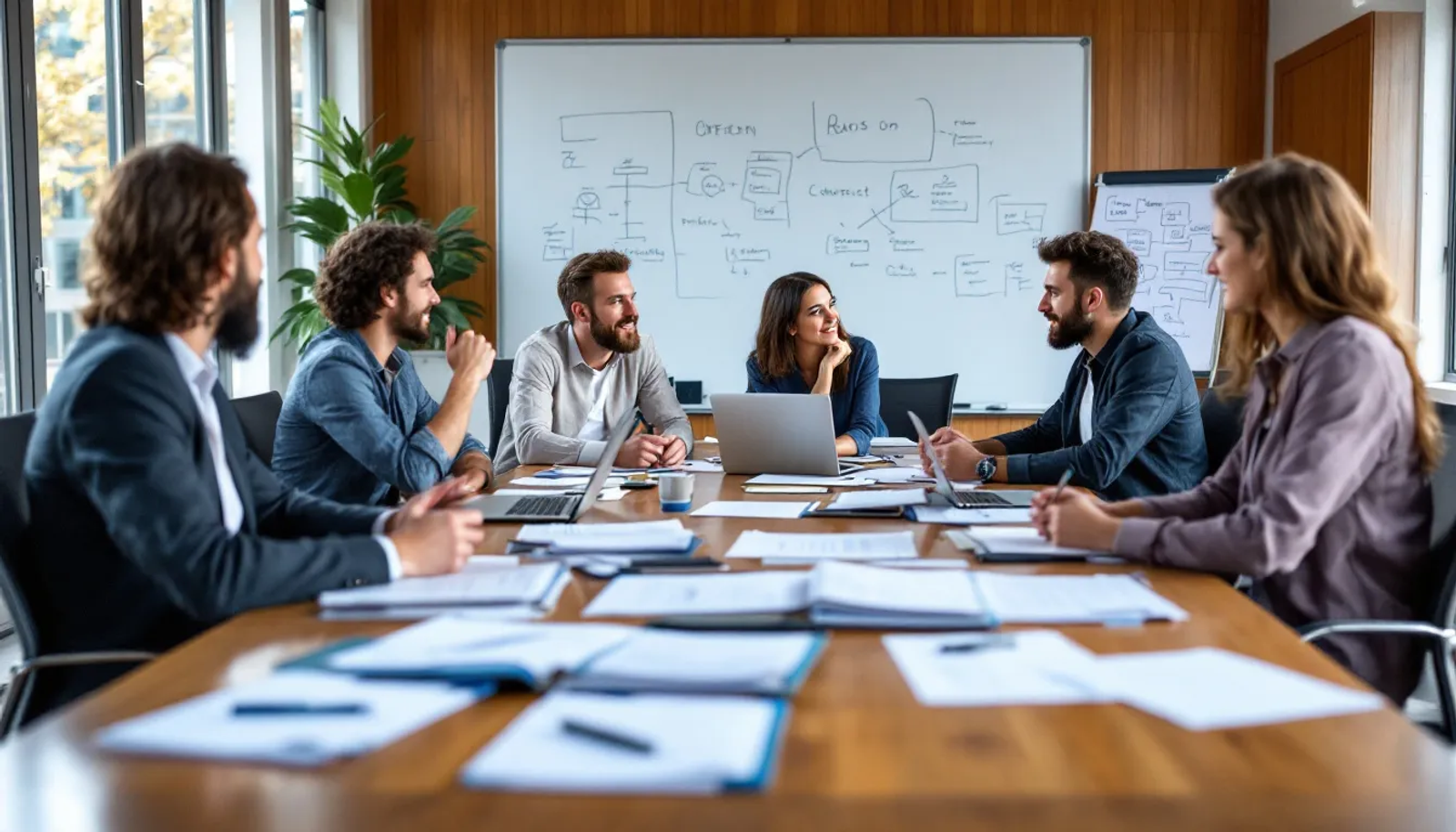 Um grupo de empreendedores participa de uma reunião de negócios em uma sala de conferências, discutindo documentos e estratégias ao redor de uma mesa. Eles analisam contratos sociais e notas fiscais, refletindo sobre a importância do endereço fiscal e da gestão eficaz para suas empresas.