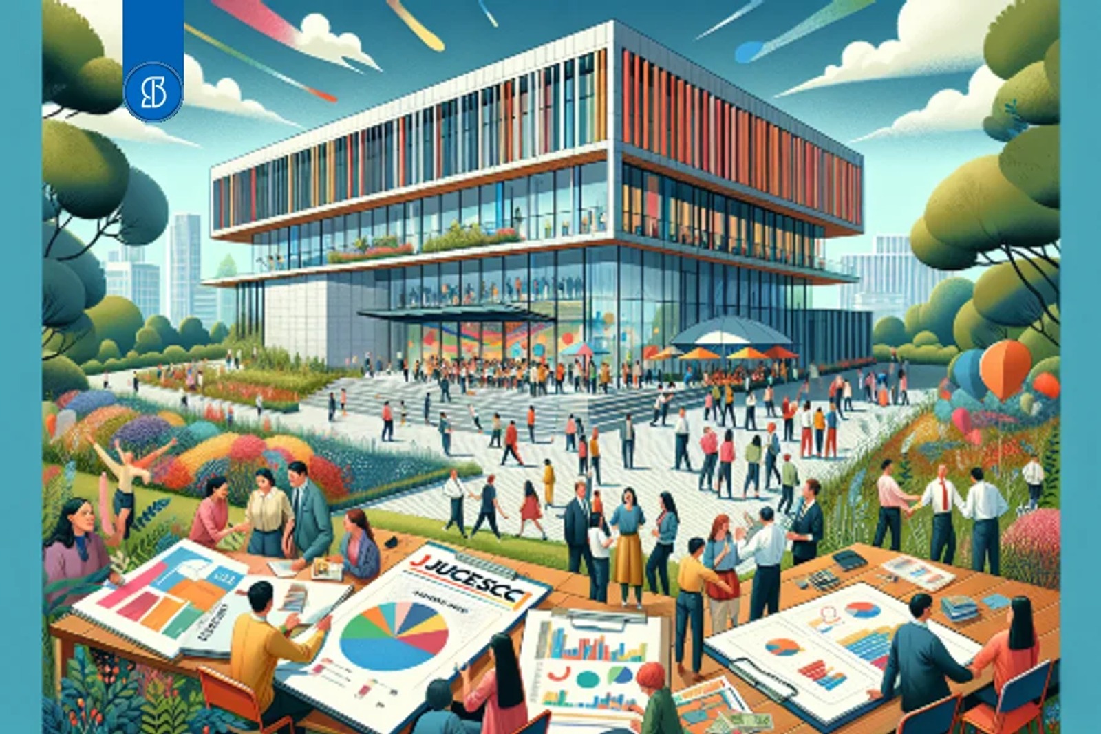Ilustração de um prédio público moderno com praça movimentada à frente e pessoas analisando gráficos