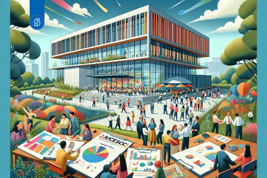 Ilustração de um prédio público moderno com praça movimentada à frente e pessoas analisando gráficos