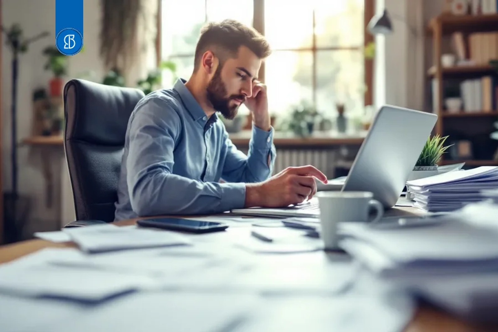 Homem de camisa azul concentrado diante de notebook e tablet, sobre mesa coberta de documentos
