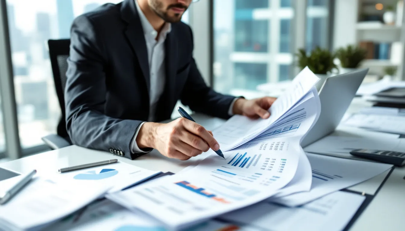 Um contador está analisando gráficos financeiros e utilizando uma calculadora, enquanto revisa a documentação de estoque em um escritório. Ao fundo, há papéis e notas fiscais, simbolizando a gestão contábil e a importância do controle financeiro para a empresa.