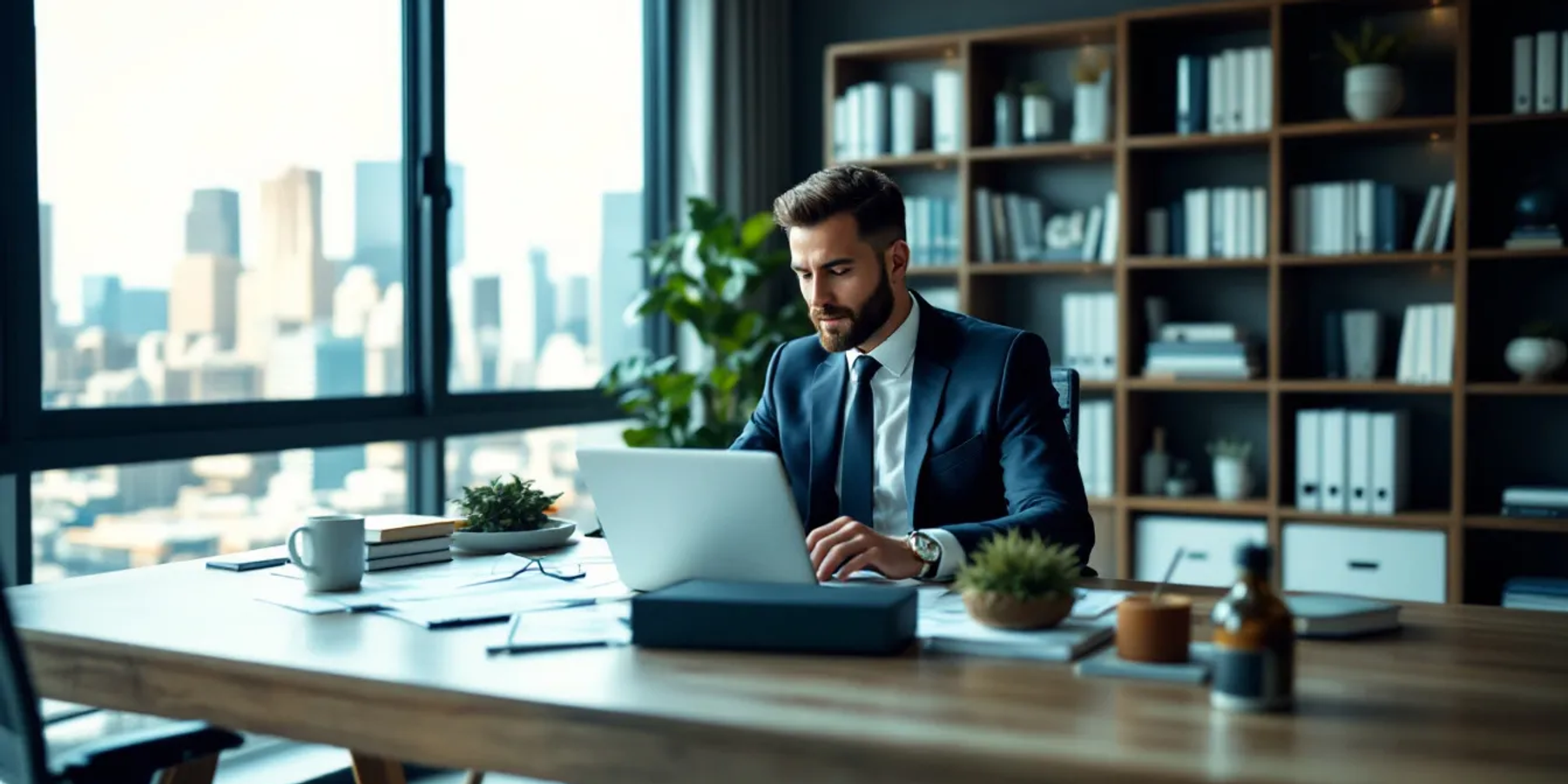 Um empresário está sentado em seu escritório, analisando documentos fiscais que contêm informações sobre serviços e códigos de serviço. Ele utiliza um sistema para verificar a emissão e o controle de impostos sobre serviços relacionados à sua empresa.