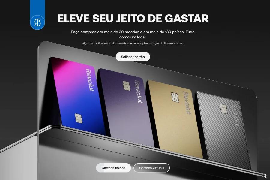 Quatro cartões Revolut em leque: rosa, roxo, dourado e prateado