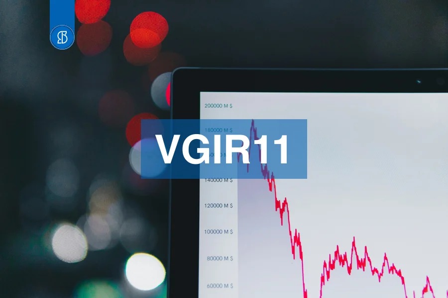 Gráfico de linha vermelha em queda na tela de um computador, com o código VGIR11 em faixa azul ao centro
