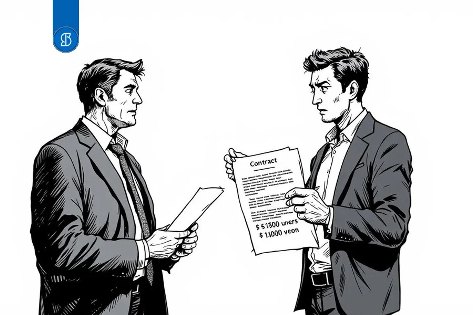 Ilustração em traço de dois homens frente a frente, um deles segurando um contrato impresso