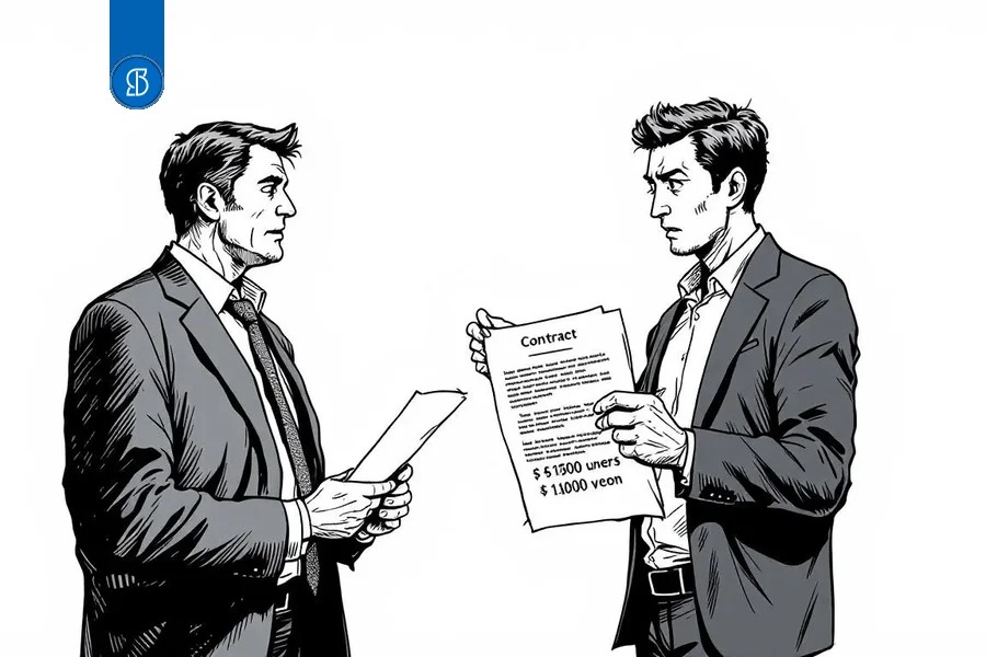 Ilustração em traço de dois homens frente a frente, um deles segurando um contrato impresso