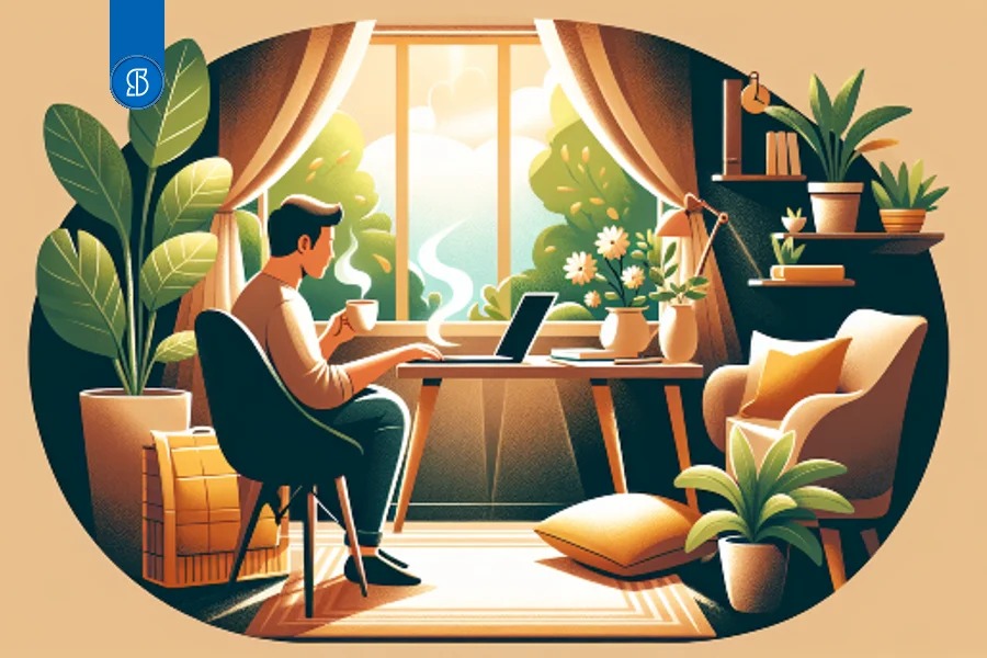 Ilustração de uma pessoa com caneca trabalhando em notebook diante da janela, em sala com poltrona e plantas