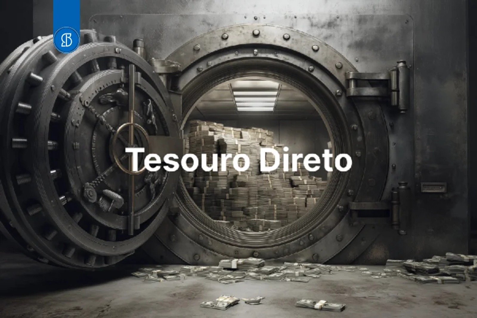 Cofre de banco com a porta blindada aberta, revelando maços de cédulas empilhados no interior